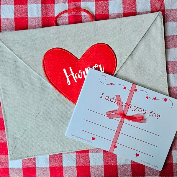 Personalized Valentine Heart Canvas Envelope w/ 14 Love Note Cards with hanging loop for mantle, chair, door by Pockets of Learning