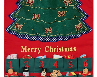 Merry Christmas Green Tree Fabric Advent Calendar, Family Kids Wall Hanging Countdown with 24 Ornaments by Pockets of Learning