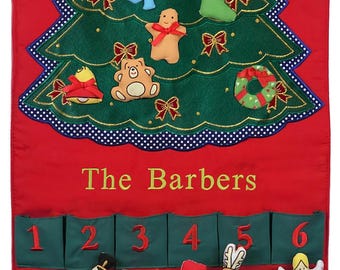 Personalized Green Christmas Tree Fabric Advent Wall Hanging Calendar, Family Countdown with 24 Ornaments by Pockets of Learning