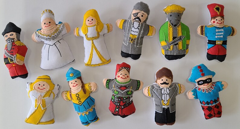 May include: A set of ten felt finger puppets featuring various characters, including a queen, a pirate, a jester, and a soldier. The puppets are colourful and detailed, with embroidered features and accents.