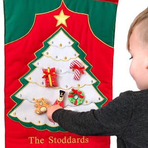 Personalized White Tree Fabric Advent Calendar Kids & Family Classic Countdown Wall Hanging w/ 24 Ornaments by Pockets of Learning