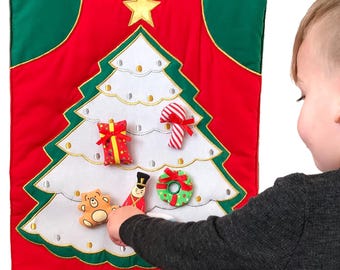 Personalized White Tree Fabric Advent Calendar Kids & Family Classic Countdown Wall Hanging w/ 24 Ornaments by Pockets of Learning