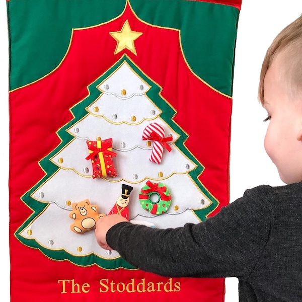 Personalized White Tree Fabric Advent Calendar Kids & Family Classic Countdown Wall Hanging w/ 24 Ornaments by Pockets of Learning