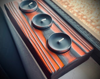Wood Candle Holder | Orange | Shou Sugi Ban | 3 Cup Candle Holder | Gift for Her