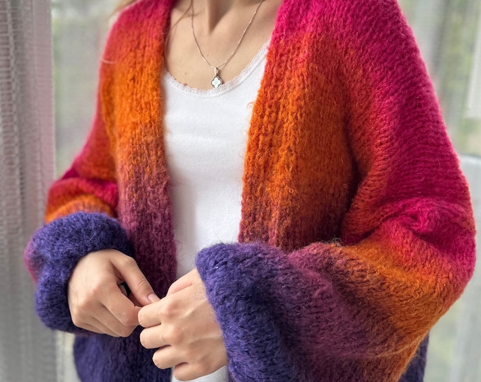 Rainbow sweater for women Chunky knit cardigan Mohair stripped cardigan Cropped hand knit summer cardigan Multicolored bright knit cardigan