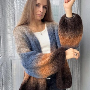 Rainbow sweater for women brown Chunky knit cardigan Mohair striped cardigan hand knit summer cardi Multicolored bright knit cardigan beige