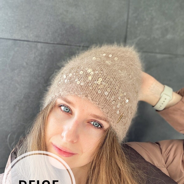 Sequined handknit angora beanie Blingy golden winter hat for women Embellished beanie Brown knitted winter hat for women Sparkle winter hat