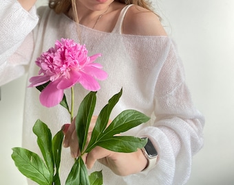 White knitted mohair women sweater Bohamian kidmohair knit sweater Off shoulder top see through women pullover Wide sleeve oversized sweater