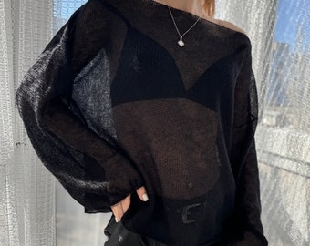 Black knitted mohair women sweater Bohemian kidmohair knit sweater Off shoulder top see through women pullover Wide sleeve oversized sweater