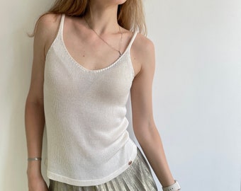 White silk knit top Classic silk tank top Silk knit blouse Silk camisole Ivory silk women blouse Silk top Summer crochet top Mulberry silk