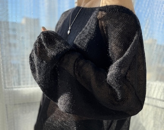 Black handknit mohair women sweater Off shoulder Bohemian kidmohair knit sweater See through women top Wide sleeve oversized mesh sweater