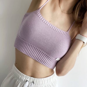 Crop top square neck yoga top hand knit Bralette sport top knitted top summer top fitted cotton top lilac top minimal knit  top bikini top