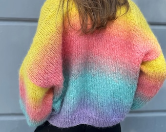 Rainbow sweater for women Chunky knit cardigan Mohair stripped cardigan Cropped hand knit summer cardigan Multicolored bright knit cardigan