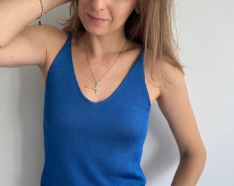Blue silk knit camisole women Pure silk singlet top Mulberry silk knitted tank top Tussah silk handknit top Basic spaghetti strap silk top