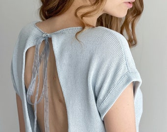 Silk open back top Knit silk blouse for women Pure silk shirt Knitted silk sweater Pure silk top Silk knitted tee Open back silk blouse Sexy