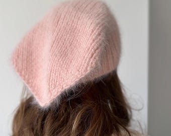 pink headscarf for women Knitted kerchief headscarf Handknit Angora wool yarn head kerchief Vintage Sequined white hair kerchief bandana