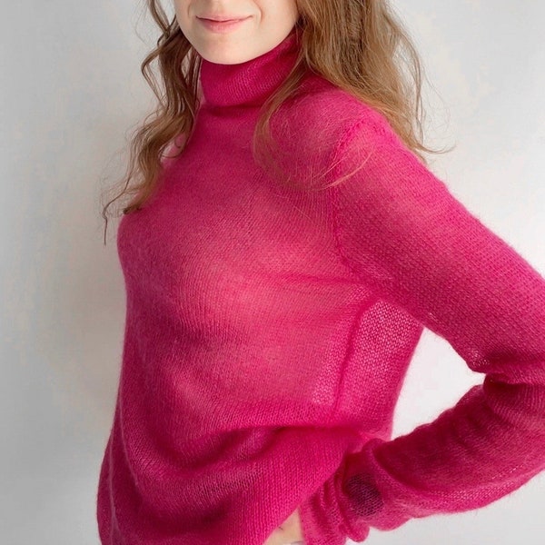 Turtleneck knit mohair sweater Neon pink fuchsia sweater Handmade crochet sweater Polo neck sweater Mohair roll neck jumper High neck sweate