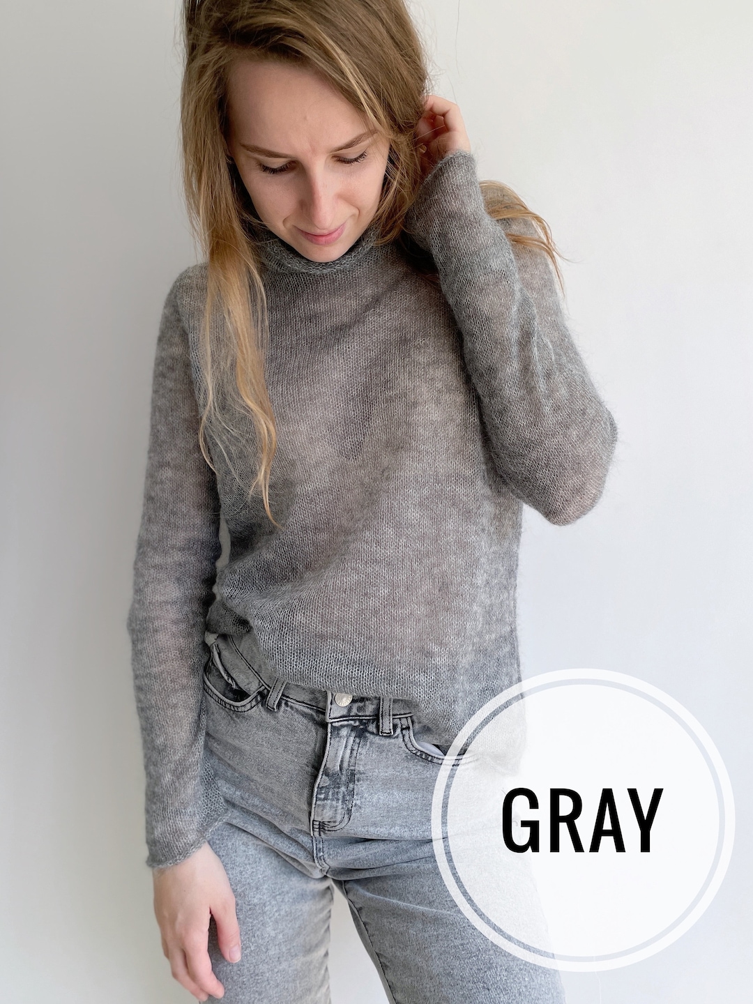 GAUCHERE Mohair Silk Wool Shaggy Round Neck Long Sleeves knit tops gray L