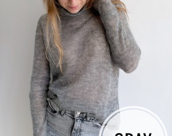 Rollneck gray knitted mohair sweater for women  light Grey handmade sweater Polo neck jumper Mohair high neck sweater pale gray sweater
