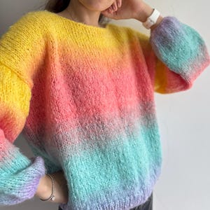 Rainbow sweater for women Oversized chunky knit sweater Mohair stripped sweater Cropped hand knit pullover Multicolored bright knit sweater