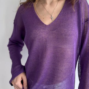 Knit linen sweater purple Pure linen knitted blouse Knit linen top women Oversized linen pullover Knitted linen shirt Handknit linen clothes