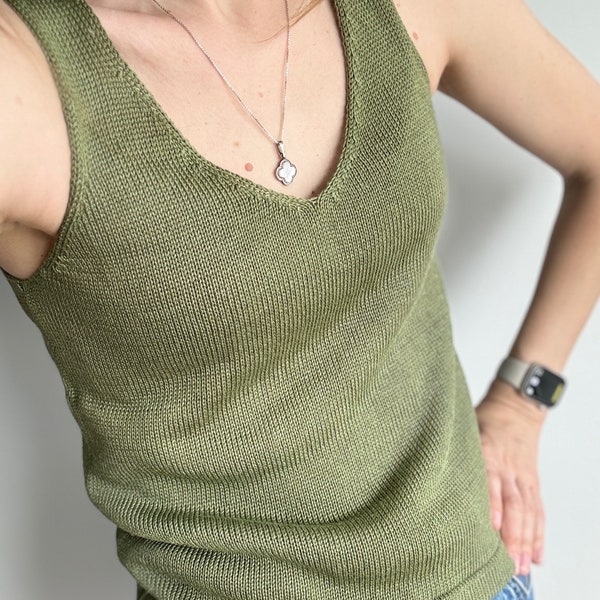 Olive green linen knitted top Handknit natural linen tank top V-neck knit top Organic linen top Cotton knit top Linen camisole Singlet top