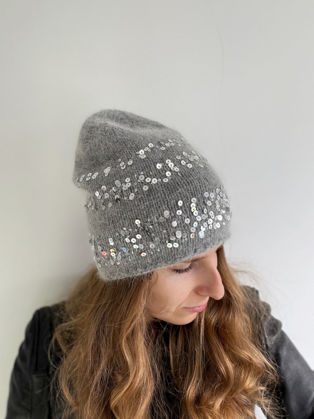 Womens Winter Embellished Hat Grey Winter Hat for Women Beanie Hat With