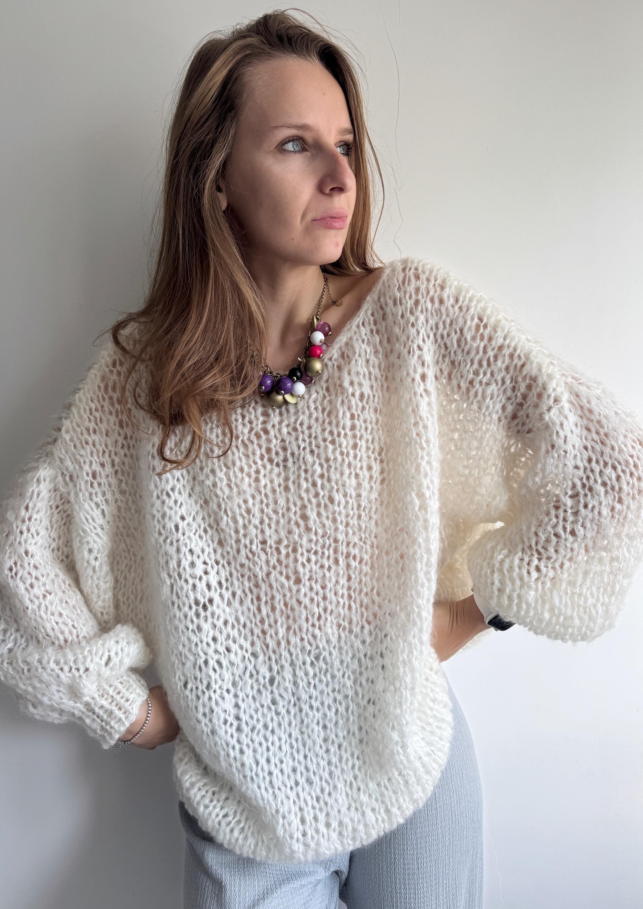 White Chunky Knit Sweater White Mohair Sweater Hand Knit Oversized