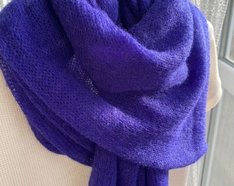 Violet mohair shawl Purple knitted shawl Ultramarine knit mohair wrap Violet knitted wrap Long mohair scarf Long thin hand knit scarf women
