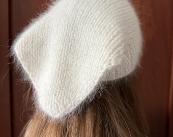 white headscarf for women Knitted kerchief Knit balaclava  Handknit Angora wool yarn head kerchief Vintage headscarf Sequined knit bandana