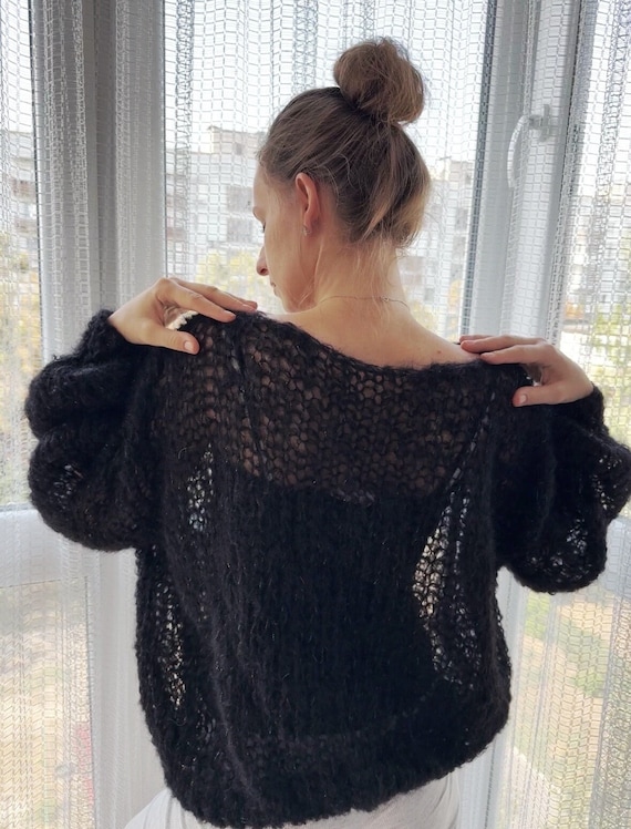 Black Chunky Knit Mohair Sweater Black Oversized Knitted Sweater Boho Knit Sweater See Through Oversized Sweater Wide Sleeve Knit Sweater Etsy Canada