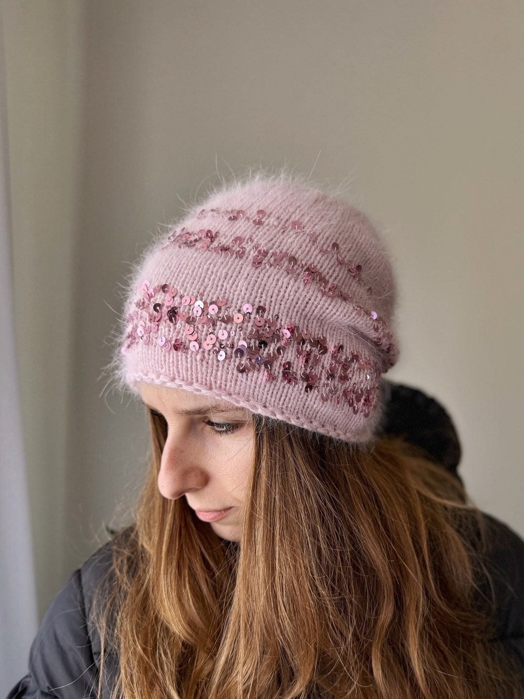 Sequined Hand Knit Pink Hat / Blingy Angora Beanie / Fluffy Pink Hat ...