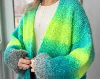 Neon green Rainbow sweater for women Chunky knit cardigan Mohair stripped cardigan summer cardigan Multicolored bright knit cardigan ombre