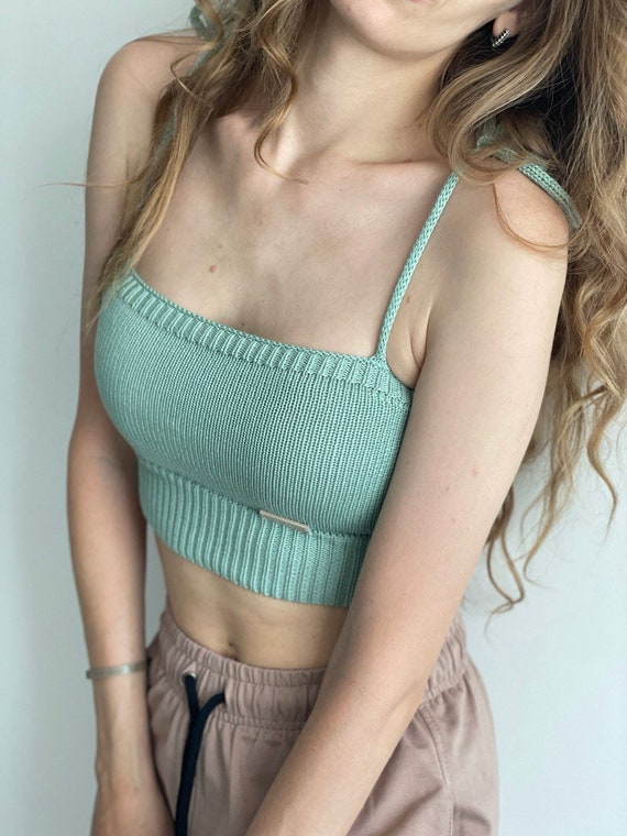 Square Neck Crop Top, Minimal Knit Top, Cropped Yoga Top, Hand