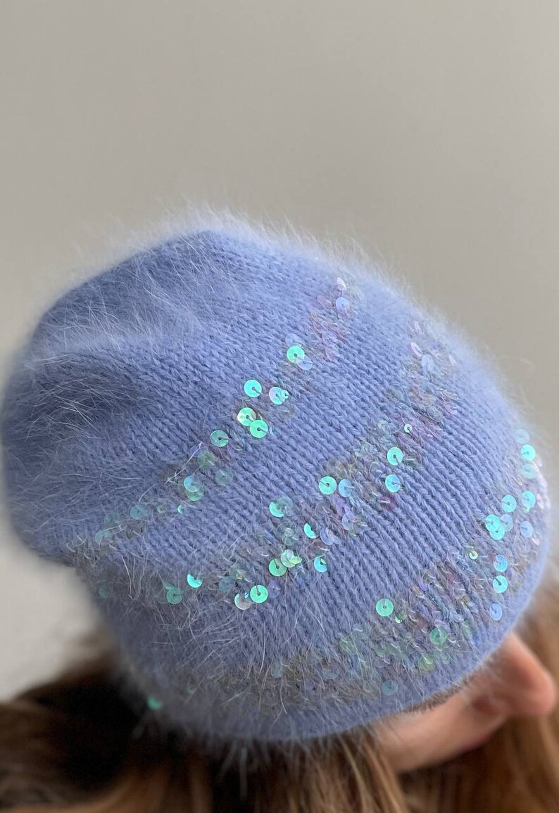 Womens Winter Hat Blue Winter Hat for Women Beanie Hat With Sequins