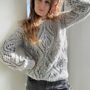 Chunky hand knit sweater women Knit Winter Sweater with leaves Gray angora jumper Leaves sweater Wool jumper Cable knit sweater for women