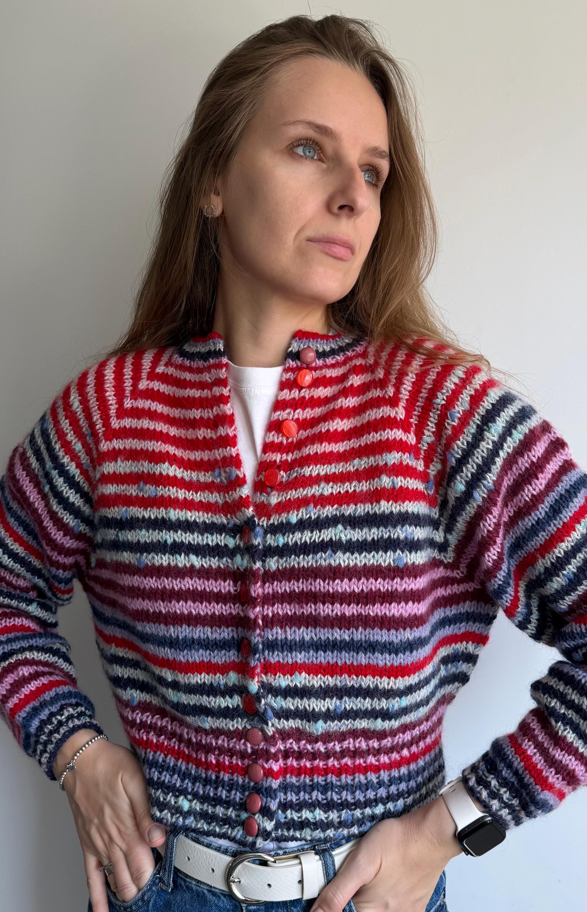Cropped Cardigan Rustic Hand Knit Woolen Sweater Striped Knit Rainbow Multicolored