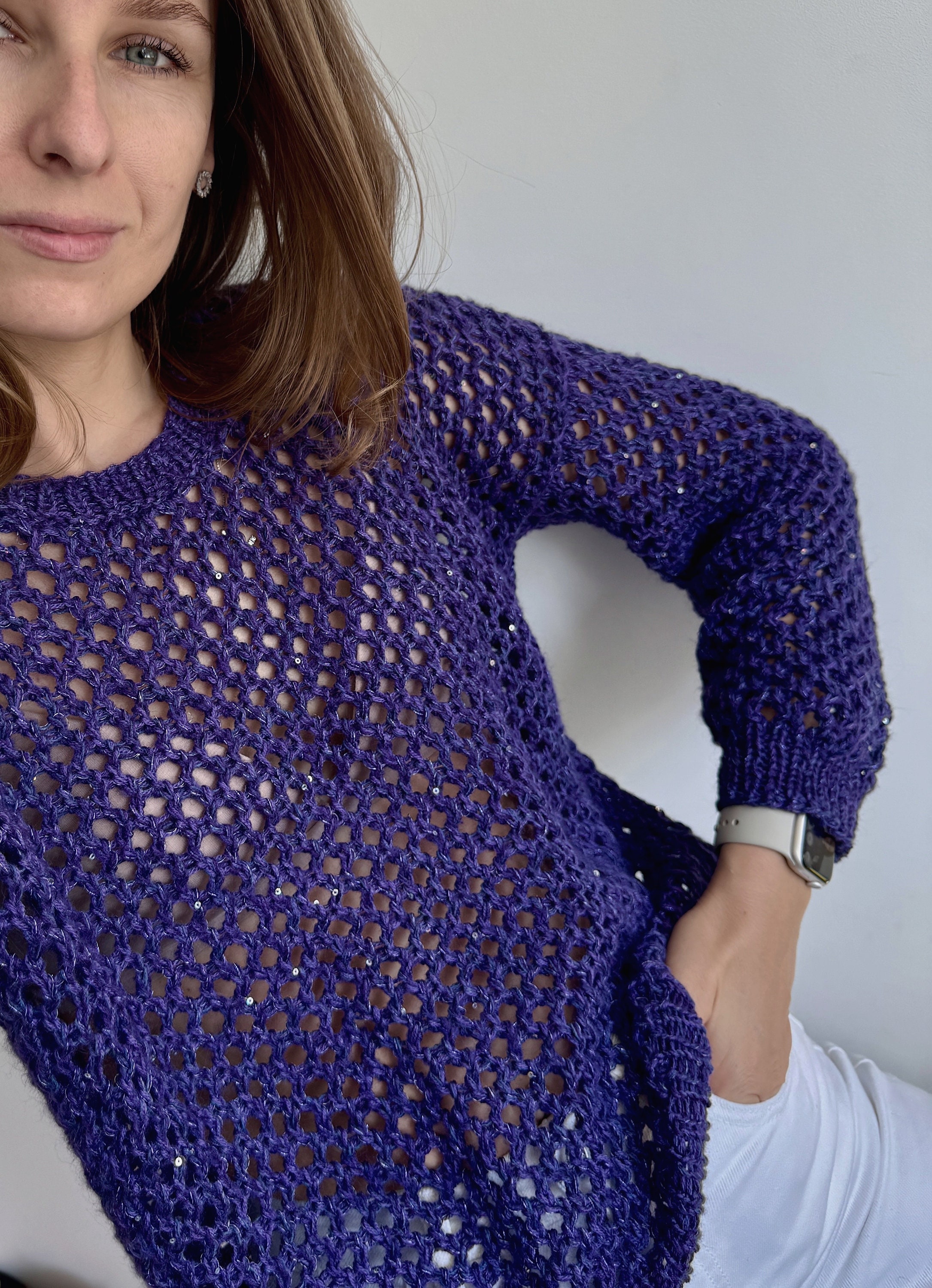 Lila Handgestrickte Netz Pullover Handgestrickte Netz