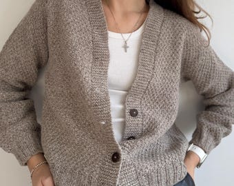Beige Oversized Alpaca Cardigan With Buttons, Chunky Cable Knit