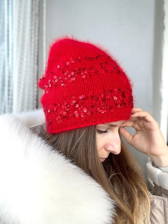 Women Sequin Beanie Hat Winter Bling Skull Cap Winter Glitter Sequins  beanie Angora hat Knit bling stocking cap Warm Knit Beanie red hat