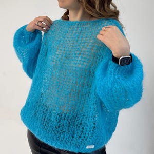 Blue chunky knit sweater oversized sweater women chunky mohair pullover off shoulder mohair sweater see through sweater Bright blue pullover