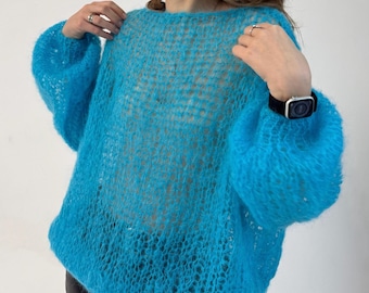 Blauwe grof gebreide trui oversized trui dikke mohair trui dames mohair trui off-shoulder doorzichtige trui helderblauwe trui