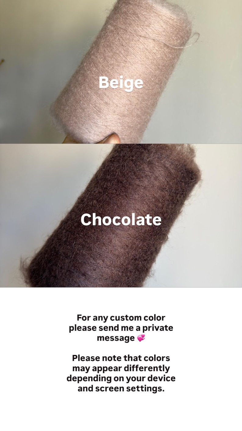 Pu&ograve; includere: Due rocche cilindriche di filato soffice, etichettate come Beige e Chocolate. Il testo sottostante recita: For any custom color please send me a private message. Please note that colors may appear differently depending on your device and screen settings.
