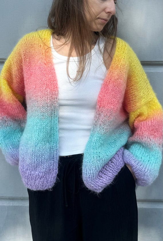 rainbow cardigan colorful hand knit cardigan multi colored cardigan gradient sweater chunky oversized cardigan regenbogen strickjacke bunt