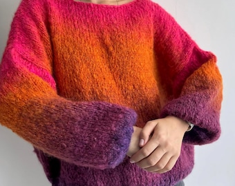 Oversized mohair sweater Colorful Rainbow Knit Sweater Multicolor Pullover gift for her Colorful Striped Sweater Crochet sweater Bright