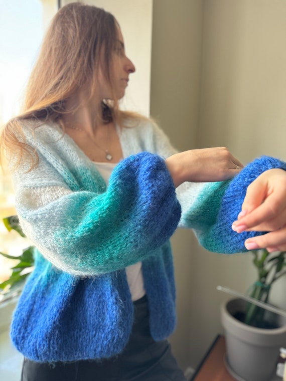 Rainbow sweater for women Chunky knit cardigan Mohair stripped cardigan Cropped hand knit summer cardigan Multicolored Sea blue cardigan