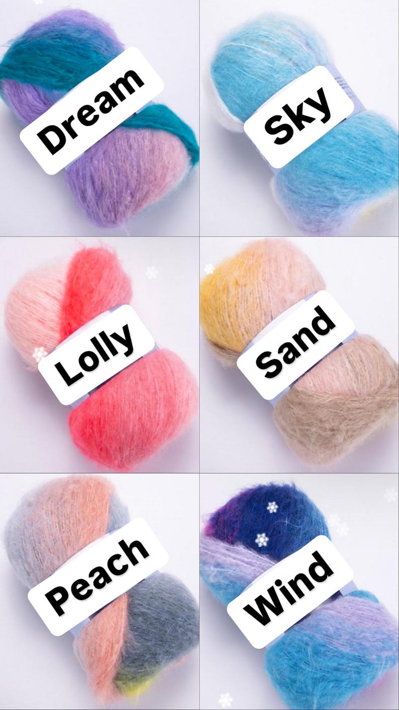 May include: Six skeins of yarn in various colors, including pink, blue, yellow, and gray. Each skein has a label with a different color name: Dream, Sky, Lolly, Sand, Peach, and Wind.