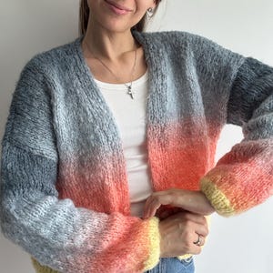 Rainbow sweater for women Chunky knit cardigan Mohair stripped cardigan Cropped hand knit summer cardigan Multicolored bright knit cardigan