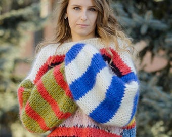 Handknit chunky mohair sweater Oversized Multicolor mohair knit sweater Stripped rainbow sweater patchwork knit Cable knit alpaca sweater