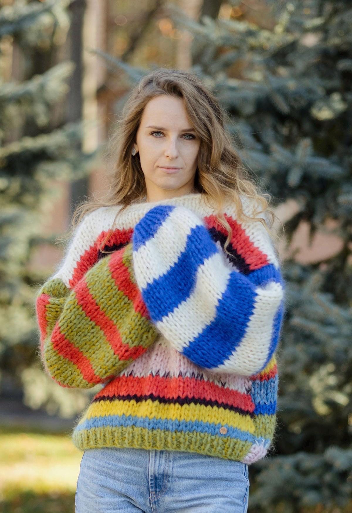 Handknit Chunky Mohair Sweater Oversized Multicolor Mohair